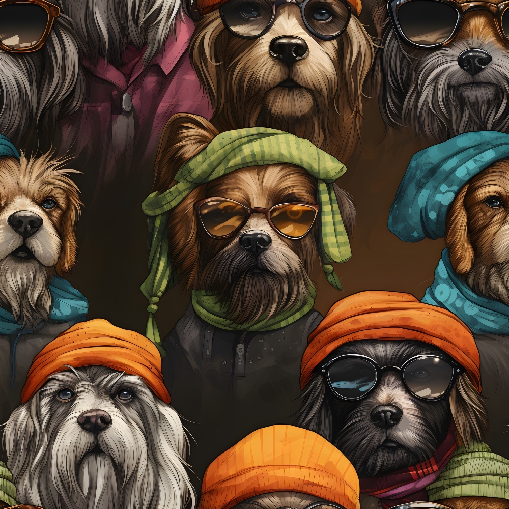 dogs, yorkshire terriers, sunglasses, winter hats, beanies, scarves, brown, orange, teal, green, burgundy, gray, close-up portraits, hipster style, trendy accessories,, fabric panel, pet fashion, cozy winter wear, artistic illustration