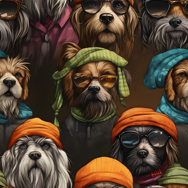dogs, yorkshire terriers, sunglasses, winter hats, beanies, scarves, brown, orange, teal, green, burgundy, gray, close-up portraits, hipster style, trendy accessories,, fabric panel, pet fashion, cozy winter wear, artistic illustration