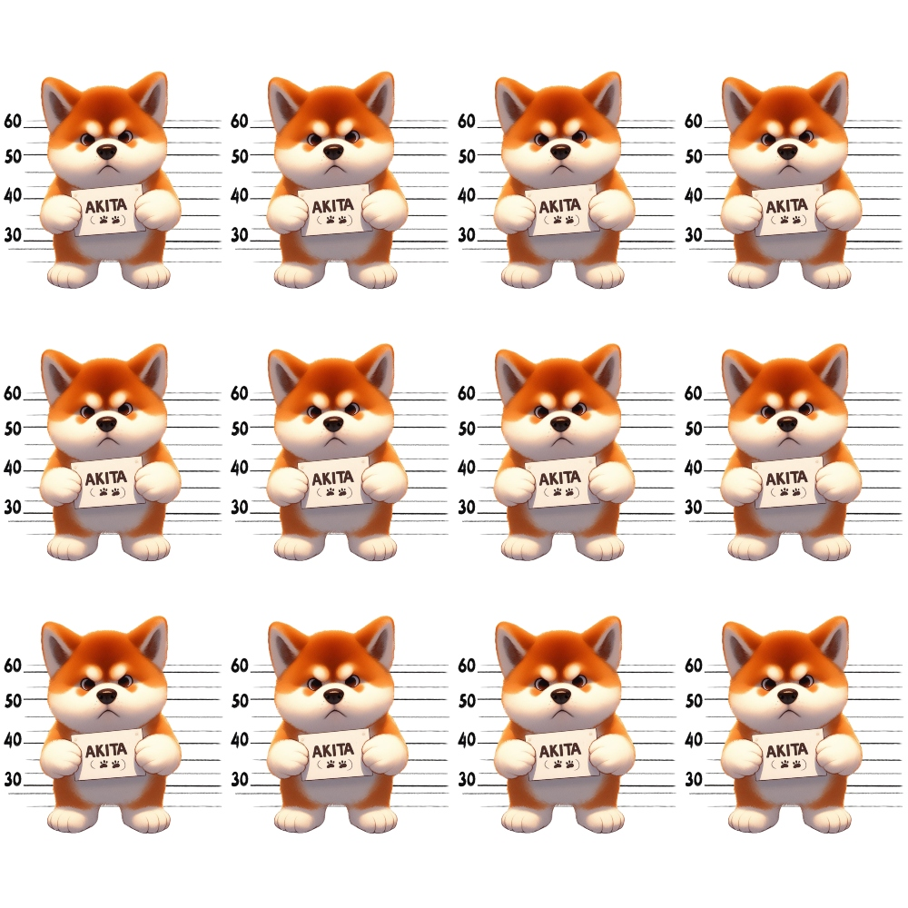 orange, cream, white, black, akita dogs, shiba inu, mugshot lineup, police lineup, height chart, repeated pattern, cartoon style, cute dogs,, fabric panel, playful design, dog breeds, measurement marks, humorous theme, japanese dogs, geometric arrangement