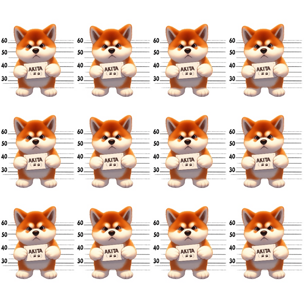 orange, cream, white, black, akita dogs, shiba inu, mugshot lineup, police lineup, height chart, repeated pattern, cartoon style, cute dogs,, fabric panel, playful design, dog breeds, measurement marks, humorous theme, japanese dogs, geometric arrangement