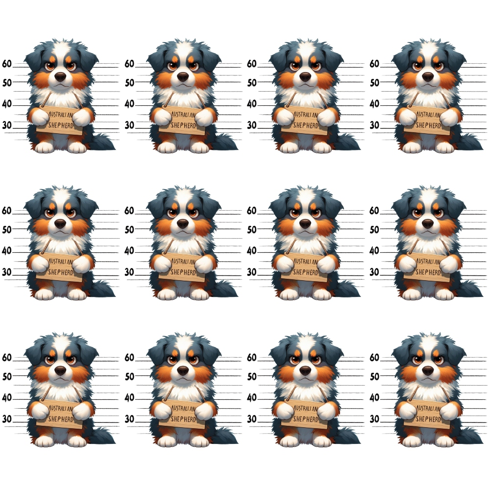 australian shepherd, dog mugshots, police lineup, height chart, cartoon dogs,, fabric panel, blue merle, orange markings, white chest, puppy faces, mugshot background, measurement lines, repeated pattern, playful design, pet themed, dog breeds, novelty fabric, craft material, sewing panel