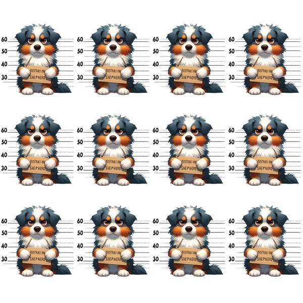 australian shepherd, dog mugshots, police lineup, height chart, cartoon dogs,, fabric panel, blue merle, orange markings, white chest, puppy faces, mugshot background, measurement lines, repeated pattern, playful design, pet themed, dog breeds, novelty fabric, craft material, sewing panel