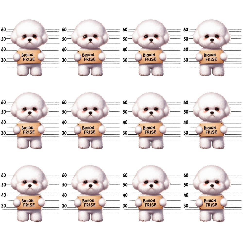 white, cream, beige, brown, black, bichon frise, dogs, puppies, mugshot, police lineup, height chart, measurements, repeating pattern, cute animals, playful, whimsical, cotton fabric, quilting panel, pet theme, humorous design