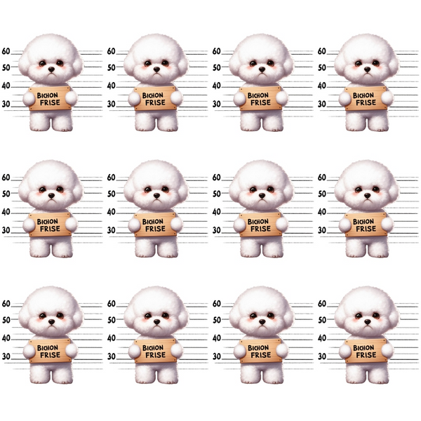 white, cream, beige, brown, black, bichon frise, dogs, puppies, mugshot, police lineup, height chart, measurements, repeating pattern, cute animals, playful, whimsical, cotton fabric, quilting panel, pet theme, humorous design
