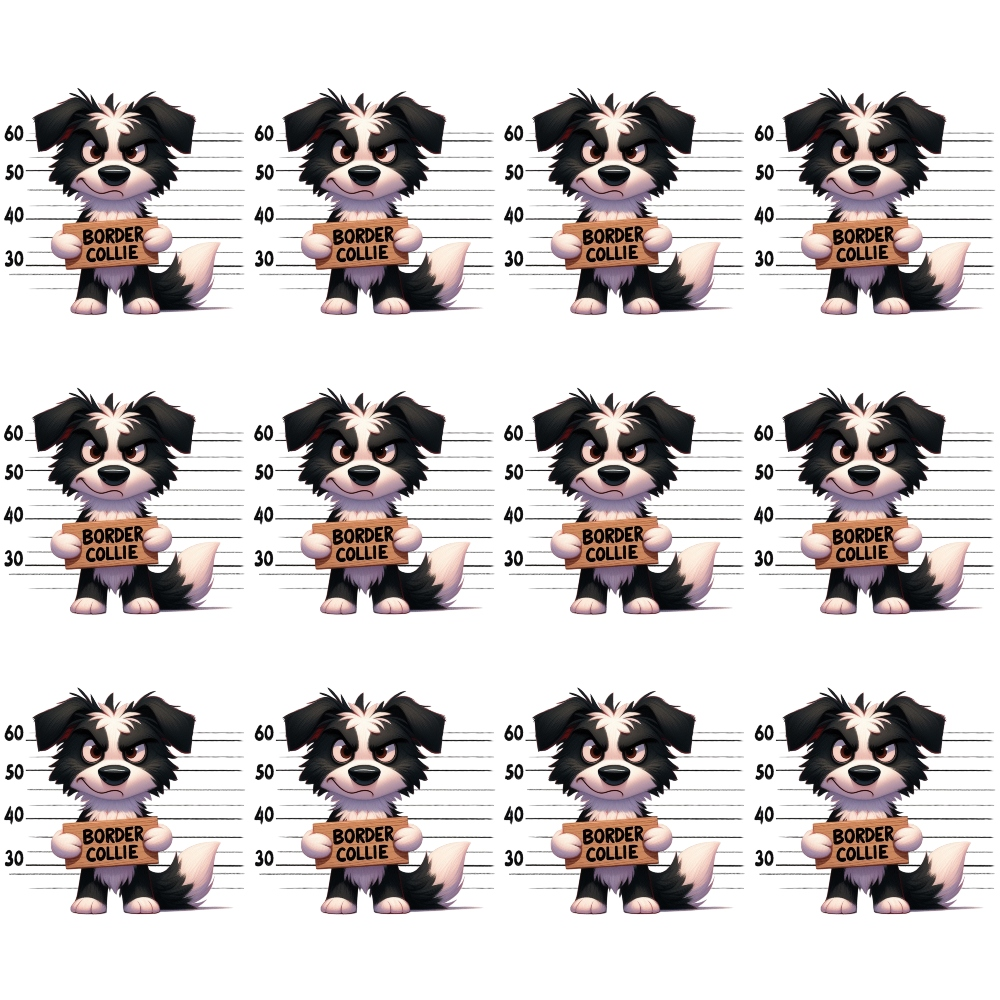 border collie, dog mugshots, police lineup, black and white dog, cartoon style, playful design,, fabric panel, repeated pattern, measurement lines, height chart, cute animals, whimsical, humorous theme, pet fabric, crafting material, sewing panel, dog lover, animal print, novelty fabric
