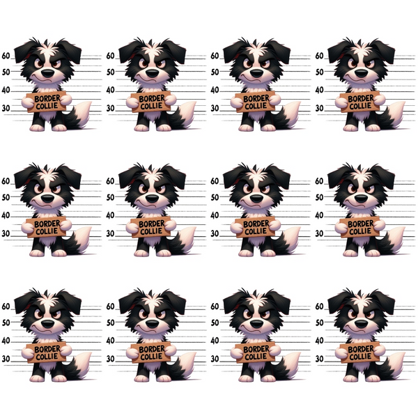 border collie, dog mugshots, police lineup, black and white dog, cartoon style, playful design,, fabric panel, repeated pattern, measurement lines, height chart, cute animals, whimsical, humorous theme, pet fabric, crafting material, sewing panel, dog lover, animal print, novelty fabric