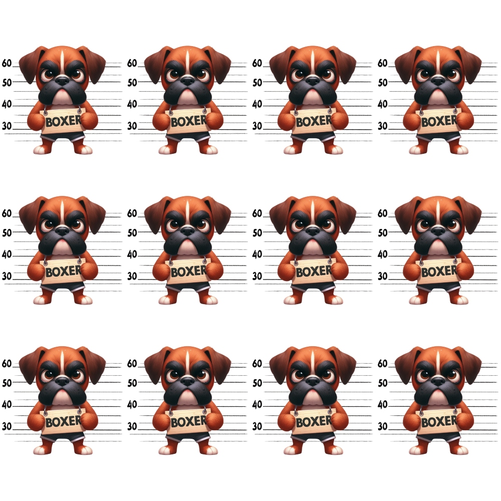 boxer dogs, mugshot lineup, police lineup, orange brown, black markings, white chest, puppy faces, cartoon style, playful design,, fabric panel, dog breeds, pet themed, humorous pattern, measurement lines, prison theme, craft fabric, sewing material, novelty print