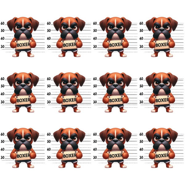 boxer dogs, mugshot lineup, police lineup, orange brown, black markings, white chest, puppy faces, cartoon style, playful design,, fabric panel, dog breeds, pet themed, humorous pattern, measurement lines, prison theme, craft fabric, sewing material, novelty print