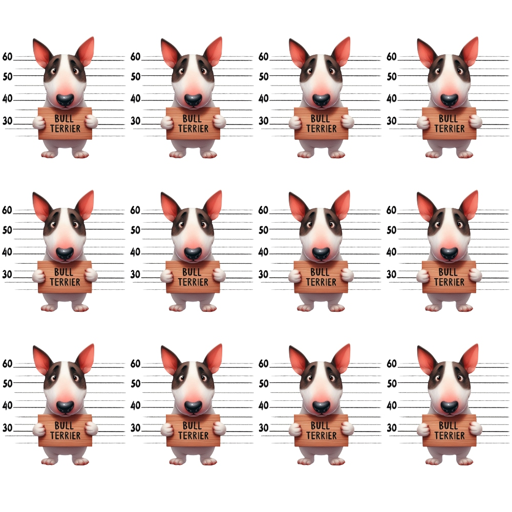 bull terrier, dog mugshots, police lineup, cartoon dogs, pink ears, black and white markings, height chart, repeated pattern,, fabric panel, playful design, animal portraits, measurement lines, whimsical style, pet themed, geometric arrangement, grid layout, novelty fabric, crafting material, sewing panel