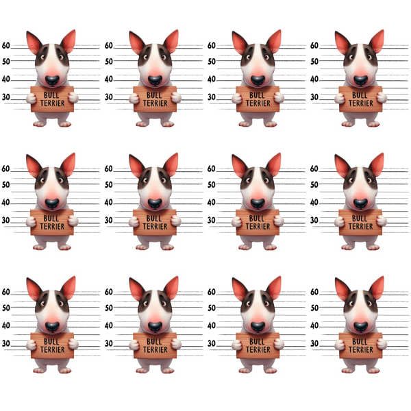 bull terrier, dog mugshots, police lineup, cartoon dogs, pink ears, black and white markings, height chart, repeated pattern,, fabric panel, playful design, animal portraits, measurement lines, whimsical style, pet themed, geometric arrangement, grid layout, novelty fabric, crafting material, sewing panel