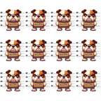 bulldog, mugshot, police lineup, height chart, brown, tan, cream, beige, grumpy expression, cartoon style, dog faces,, fabric panel, repeating pattern, uniform rows, measurement marks, angry dogs, pet themed, novelty print, crafting fabric