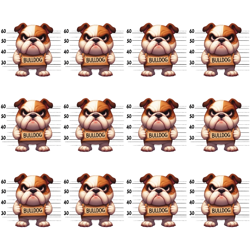 bulldog, mugshot, police lineup, height chart, brown, tan, cream, beige, grumpy expression, cartoon style, dog faces,, fabric panel, repeating pattern, uniform rows, measurement marks, angry dogs, pet themed, novelty print, crafting fabric