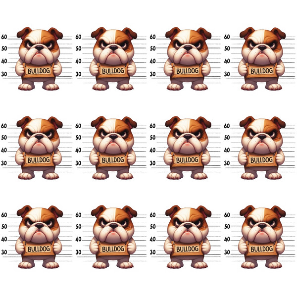 bulldog, mugshot, police lineup, height chart, brown, tan, cream, beige, grumpy expression, cartoon style, dog faces,, fabric panel, repeating pattern, uniform rows, measurement marks, angry dogs, pet themed, novelty print, crafting fabric