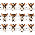chihuahua, dog, mugshot, police lineup, height chart, beanie hat, sunglasses, criminal theme, tan brown, black, white, repeating pattern,, fabric panel, humorous, cartoon style, pet portrait, mischievous, novelty print, craft fabric