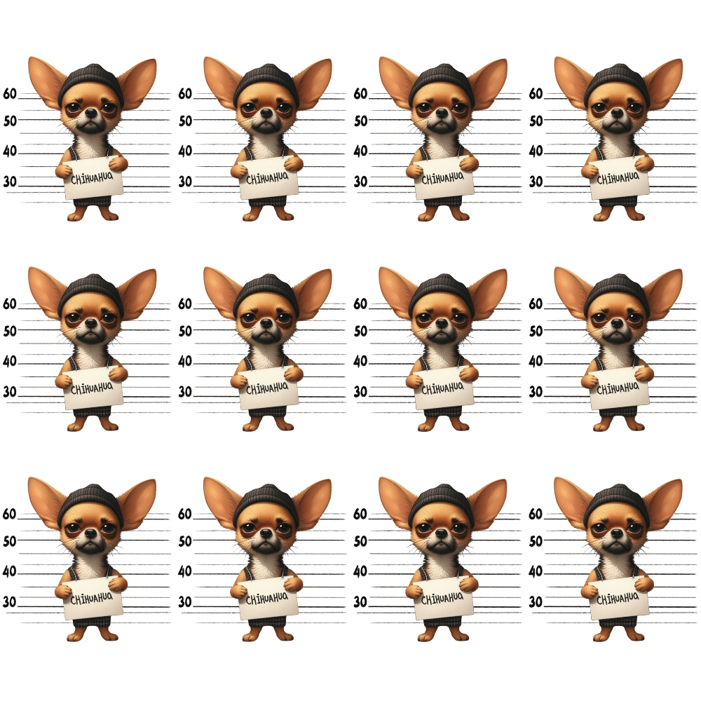 chihuahua, dog, mugshot, police lineup, height chart, beanie hat, sunglasses, criminal theme, tan brown, black, white, repeating pattern,, fabric panel, humorous, cartoon style, pet portrait, mischievous, novelty print, craft fabric