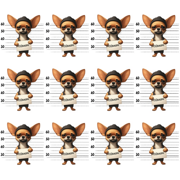 chihuahua, dog, mugshot, police lineup, height chart, beanie hat, sunglasses, criminal theme, tan brown, black, white, repeating pattern,, fabric panel, humorous, cartoon style, pet portrait, mischievous, novelty print, craft fabric