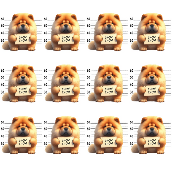 chow chow dogs, mugshot lineup, police lineup, orange fur, tan colors, cream tones, measuring scale, height chart, repeated pattern,, fabric panel, cute dogs, fluffy dogs, prison mugshot, law enforcement theme, playful design, dog breeds, animal fabric, cotton material, novelty print