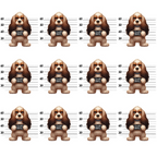 cocker spaniel, dog mugshots, police lineup, brown fur, cream white, tan colors,, fabric panel, mugshot pattern, cute dogs, repeating design, playful mood, dog breeds, pet theme, cartoon style, measurement lines, prison theme, novelty fabric, cotton fabric, animal print