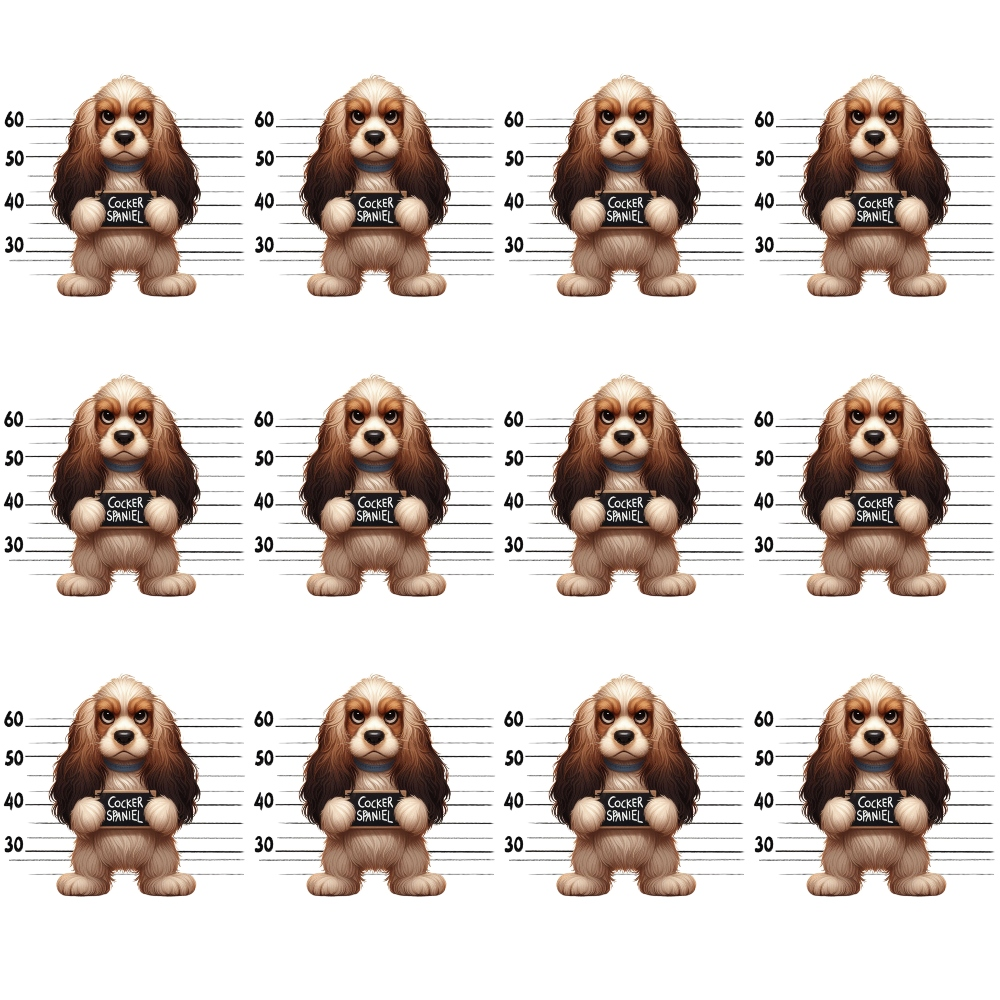 cocker spaniel, dog mugshots, police lineup, brown fur, cream white, tan colors,, fabric panel, mugshot pattern, cute dogs, repeating design, playful mood, dog breeds, pet theme, cartoon style, measurement lines, prison theme, novelty fabric, cotton fabric, animal print