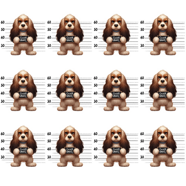 cocker spaniel, dog mugshots, police lineup, brown fur, cream white, tan colors,, fabric panel, mugshot pattern, cute dogs, repeating design, playful mood, dog breeds, pet theme, cartoon style, measurement lines, prison theme, novelty fabric, cotton fabric, animal print