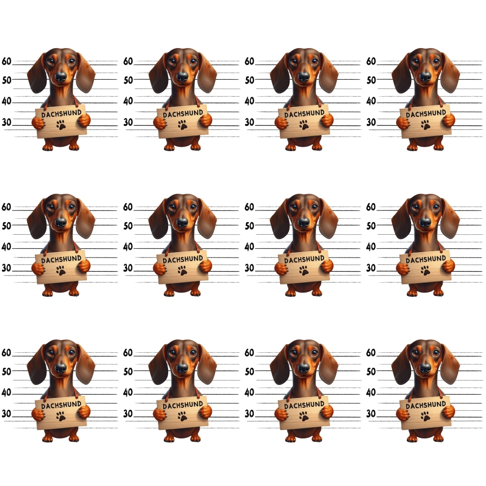brown, tan, black, orange, dachshund, wiener dog, mugshot, police lineup, height chart, numbers, paw print, cardboard sign, repeating pattern, humorous, playful, novelty print,, fabric panel, dog lover, pet theme