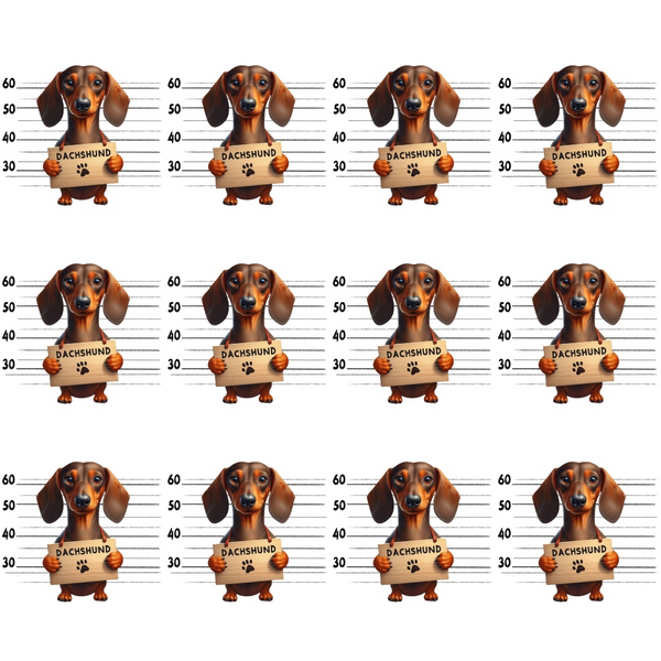 brown, tan, black, orange, dachshund, wiener dog, mugshot, police lineup, height chart, numbers, paw print, cardboard sign, repeating pattern, humorous, playful, novelty print,, fabric panel, dog lover, pet theme