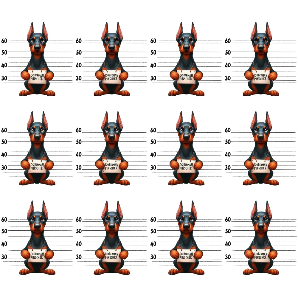 doberman pinscher, mugshot lineup, police lineup, black dogs, tan markings, height chart, measurement lines, novelty print, dog fabric,, fabric panel, cartoon dogs, humorous design, pet theme, animal print, repeated pattern, craft fabric, sewing material, brown accents, playful motif