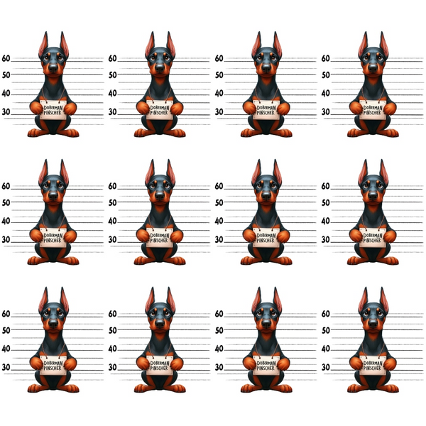 doberman pinscher, mugshot lineup, police lineup, black dogs, tan markings, height chart, measurement lines, novelty print, dog fabric,, fabric panel, cartoon dogs, humorous design, pet theme, animal print, repeated pattern, craft fabric, sewing material, brown accents, playful motif