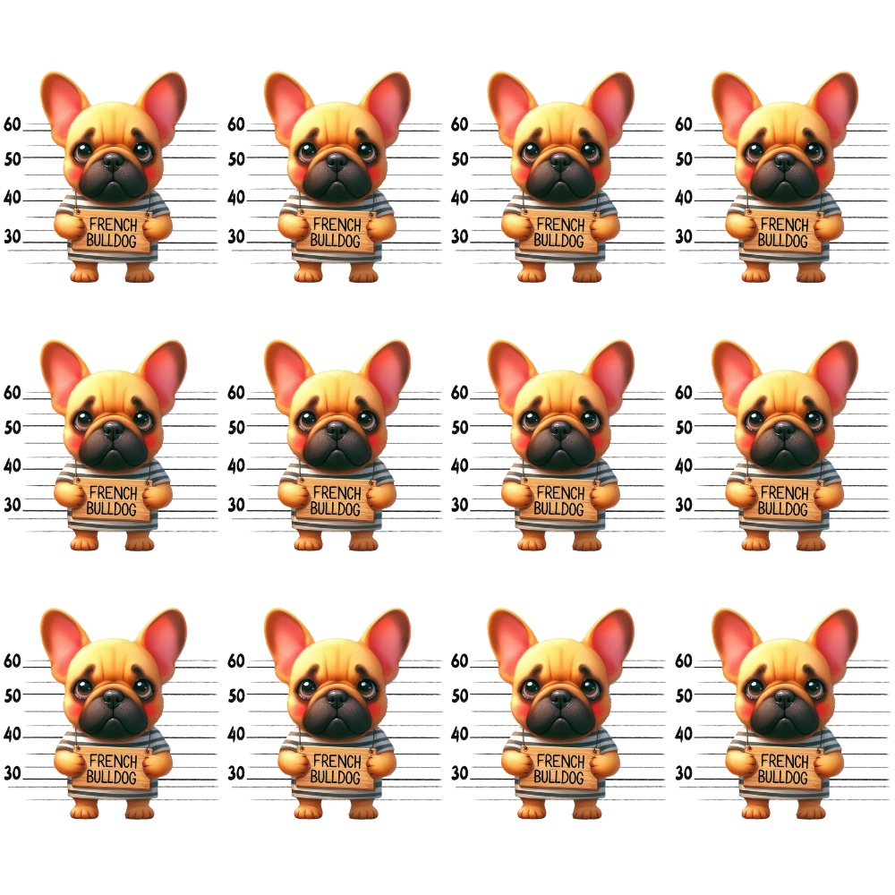 french bulldog, mugshot pattern, police lineup, orange dogs, cream colored,, fabric panel, dog portraits, measurement markers, repeated design, cartoon style, playful dogs, pet theme, novelty fabric, fawn bulldogs, uniform rows, height chart, cute animals, whimsical pattern, cotton fabric