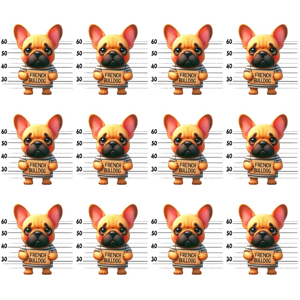 french bulldog, mugshot pattern, police lineup, orange dogs, cream colored,, fabric panel, dog portraits, measurement markers, repeated design, cartoon style, playful dogs, pet theme, novelty fabric, fawn bulldogs, uniform rows, height chart, cute animals, whimsical pattern, cotton fabric