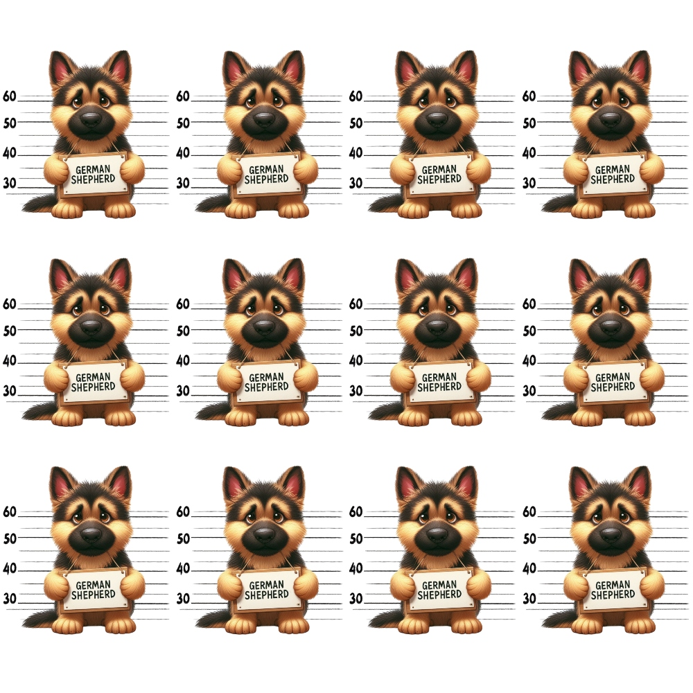 german shepherd, dog mugshots, police lineup, cartoon dogs, brown fur, tan markings, black accents, pink ears, height chart, measurement lines, novelty pattern,, fabric panel, humorous design, repeating motif, playful mood, dog breeds, pet theme, craft fabric, sewing material