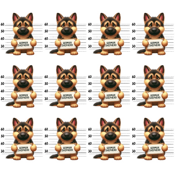 german shepherd, dog mugshots, police lineup, cartoon dogs, brown fur, tan markings, black accents, pink ears, height chart, measurement lines, novelty pattern,, fabric panel, humorous design, repeating motif, playful mood, dog breeds, pet theme, craft fabric, sewing material