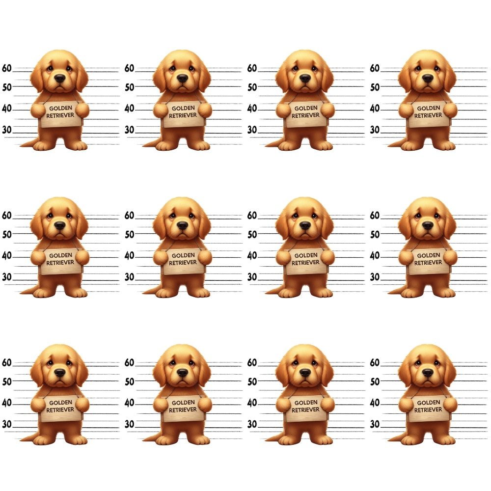 golden retriever, puppy, dog, mugshot, police lineup, height chart, measuring lines, cream background, golden brown, tan, orange tones, cute animals, playful design, novelty print,, fabric panel, repeated motif, whimsical pattern, pet themed, cartoon style
