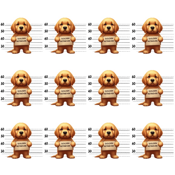 golden retriever, puppy, dog, mugshot, police lineup, height chart, measuring lines, cream background, golden brown, tan, orange tones, cute animals, playful design, novelty print,, fabric panel, repeated motif, whimsical pattern, pet themed, cartoon style