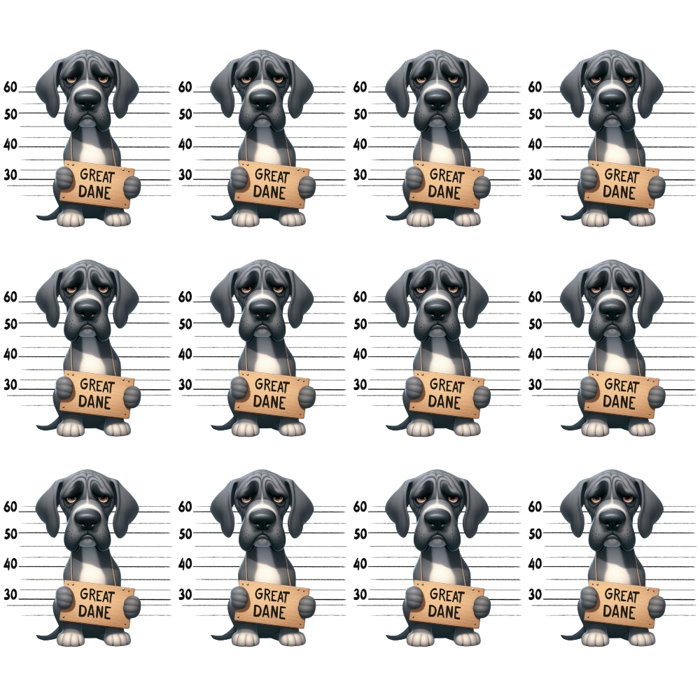 great dane, dog mugshots, police lineup, height chart, gray dogs, black dogs, white chest markings, cartoon style, playful design, repeating pattern,, fabric panel, humorous theme, pet lover, dog breeds, measurement lines, whimsical art, craft fabric, sewing material