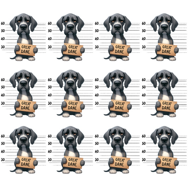 great dane, dog mugshots, police lineup, height chart, gray dogs, black dogs, white chest markings, cartoon style, playful design, repeating pattern,, fabric panel, humorous theme, pet lover, dog breeds, measurement lines, whimsical art, craft fabric, sewing material