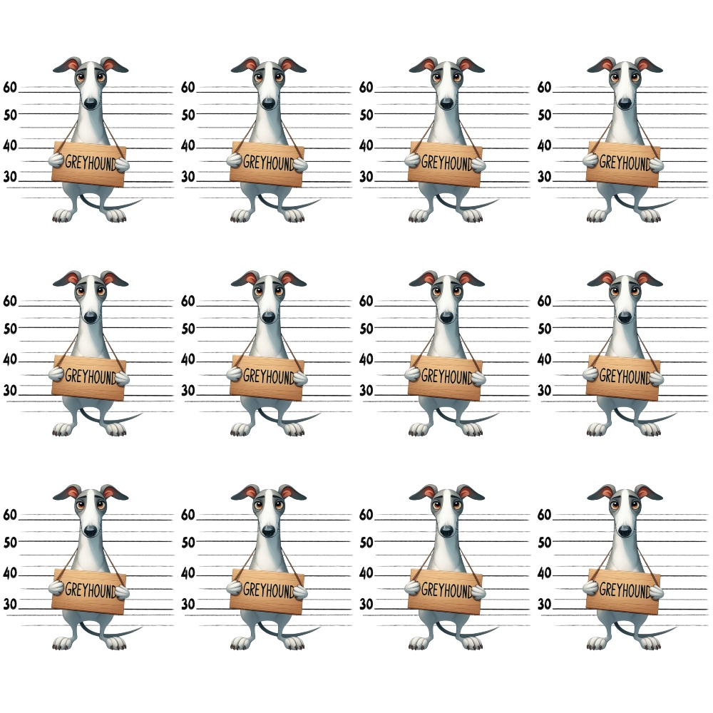 greyhound dogs, mugshot pattern, police lineup, height measurements, tan brown, gray blue, white cream, black accents, repeating design, cartoon style, playful illustration,, fabric panel, dog breeds, pet themed, whimsical art, measuring stick, rectangular panels, geometric layout, animal portraits