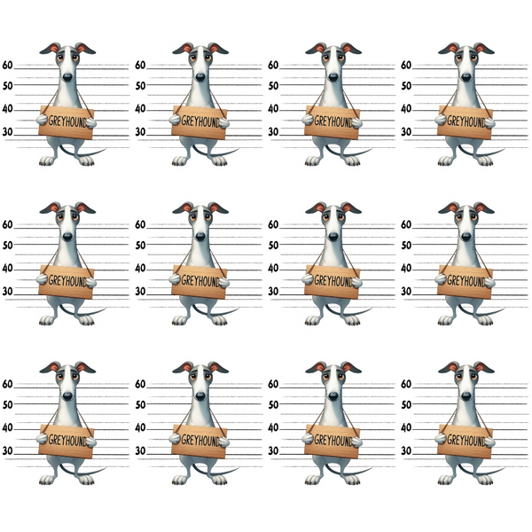 greyhound dogs, mugshot pattern, police lineup, height measurements, tan brown, gray blue, white cream, black accents, repeating design, cartoon style, playful illustration,, fabric panel, dog breeds, pet themed, whimsical art, measuring stick, rectangular panels, geometric layout, animal portraits