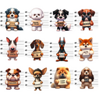dog mugshots, police lineup, cartoon dogs, multicolored, orange, black, white, brown, tan, pink,, fabric panel, cute animals, humorous design, pet breeds, australian shepherd, boxer, bulldog, chihuahua, dachshund, playful illustration, measurement lines, adorable characters