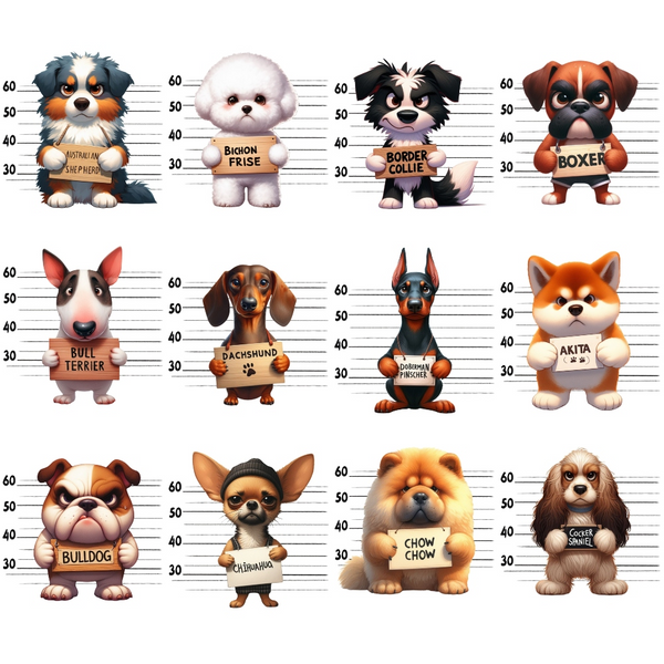 dog mugshots, police lineup, cartoon dogs, multicolored, orange, black, white, brown, tan, pink,, fabric panel, cute animals, humorous design, pet breeds, australian shepherd, boxer, bulldog, chihuahua, dachshund, playful illustration, measurement lines, adorable characters