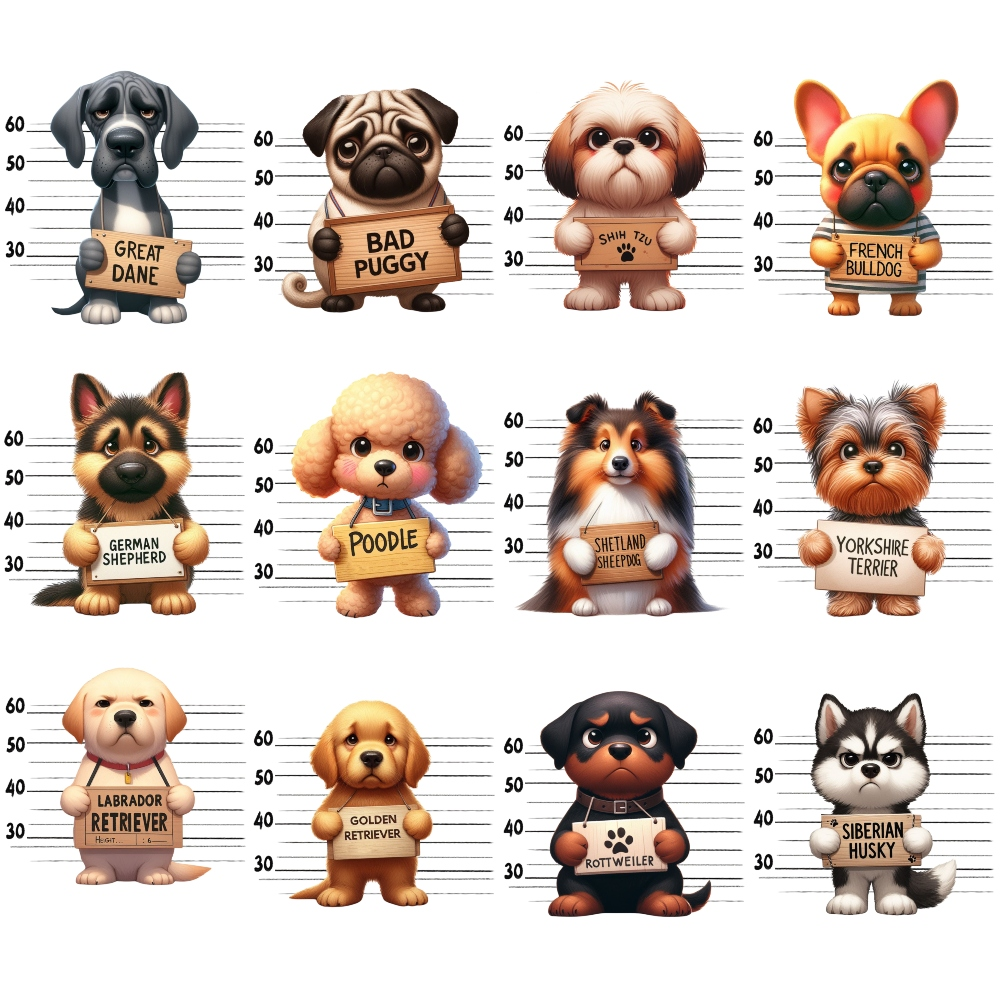 mugshot lineup, dog breeds, cartoon dogs, police lineup, height chart, quilting panel, cotton fabric, great dane, pug, shih tzu, french bulldog, german shepherd, poodle, shetland sheepdog, yorkshire terrier, labrador retriever, golden retriever, rottweiler, siberian husky, playful illustration, whimsical design, gray background, tan colors, brown shades, black accents, cream tones
