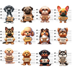 mugshot lineup, dog breeds, cartoon dogs, police lineup, height chart, quilting panel, cotton fabric, great dane, pug, shih tzu, french bulldog, german shepherd, poodle, shetland sheepdog, yorkshire terrier, labrador retriever, golden retriever, rottweiler, siberian husky, playful illustration, whimsical design, gray background, tan colors, brown shades, black accents, cream tones