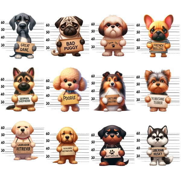 mugshot lineup, dog breeds, cartoon dogs, police lineup, height chart, quilting panel, cotton fabric, great dane, pug, shih tzu, french bulldog, german shepherd, poodle, shetland sheepdog, yorkshire terrier, labrador retriever, golden retriever, rottweiler, siberian husky, playful illustration, whimsical design, gray background, tan colors, brown shades, black accents, cream tones