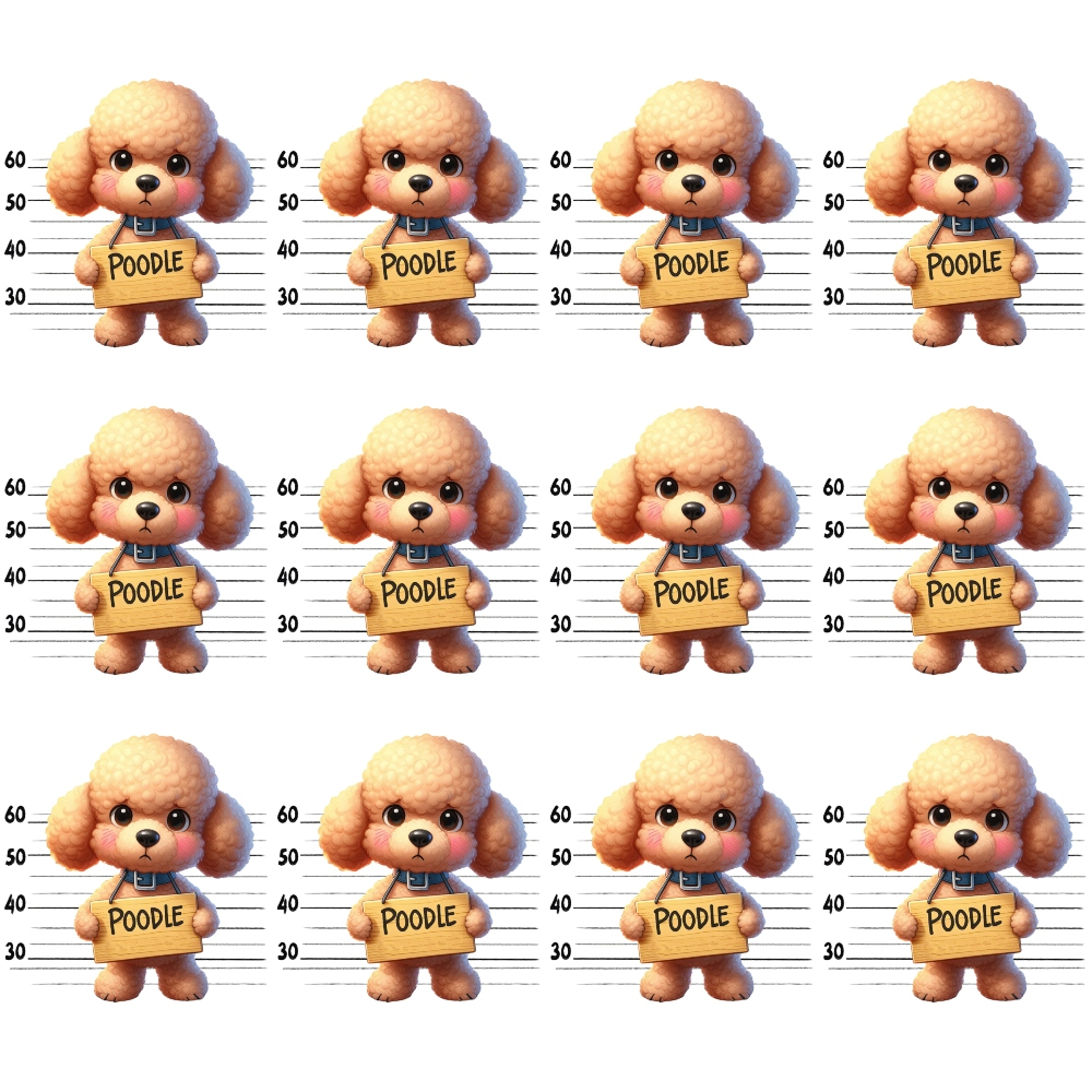 poodle, mugshot, police lineup, height chart, cream colored, apricot fur, curly hair, cartoon style, cute dogs,, fabric panel, playful design, repeated pattern, pet themed, whimsical, craft fabric, sewing material, dog breeds, novelty print, measurement background
