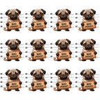 pug dogs, mugshot lineup, beige background, brown tones, tan colors, cream shades, police lineup, bad puggy signs, repeating pattern, cartoon style, humorous design,, fabric panel, dog portraits, height measurements, playful mood, pet themed, whimsical illustration, arrested dogs, funny pugs
