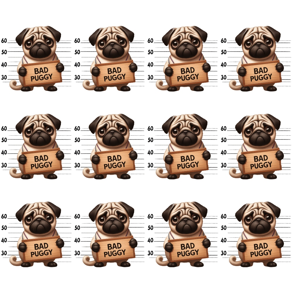pug dogs, mugshot lineup, beige background, brown tones, tan colors, cream shades, police lineup, bad puggy signs, repeating pattern, cartoon style, humorous design,, fabric panel, dog portraits, height measurements, playful mood, pet themed, whimsical illustration, arrested dogs, funny pugs