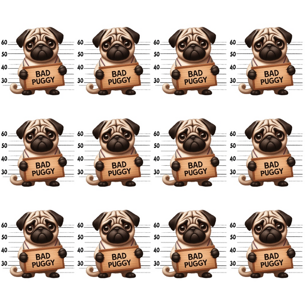 pug dogs, mugshot lineup, beige background, brown tones, tan colors, cream shades, police lineup, bad puggy signs, repeating pattern, cartoon style, humorous design,, fabric panel, dog portraits, height measurements, playful mood, pet themed, whimsical illustration, arrested dogs, funny pugs