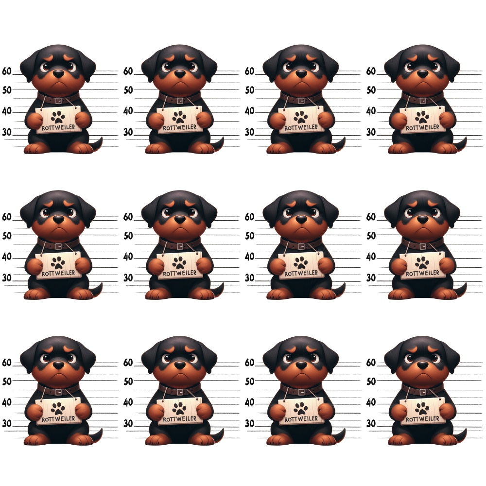 mugshot lineup, rottweiler puppies, black tan brown, police booking, height chart, paw print, prison stripes, cartoon dogs, novelty print,, fabric panel, cute criminal, dog breeds, repeated pattern, humorous design, pet themed, cotton fabric, crafting material, sewing panel