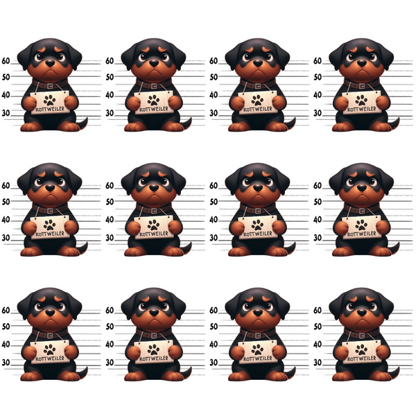 mugshot lineup, rottweiler puppies, black tan brown, police booking, height chart, paw print, prison stripes, cartoon dogs, novelty print,, fabric panel, cute criminal, dog breeds, repeated pattern, humorous design, pet themed, cotton fabric, crafting material, sewing panel
