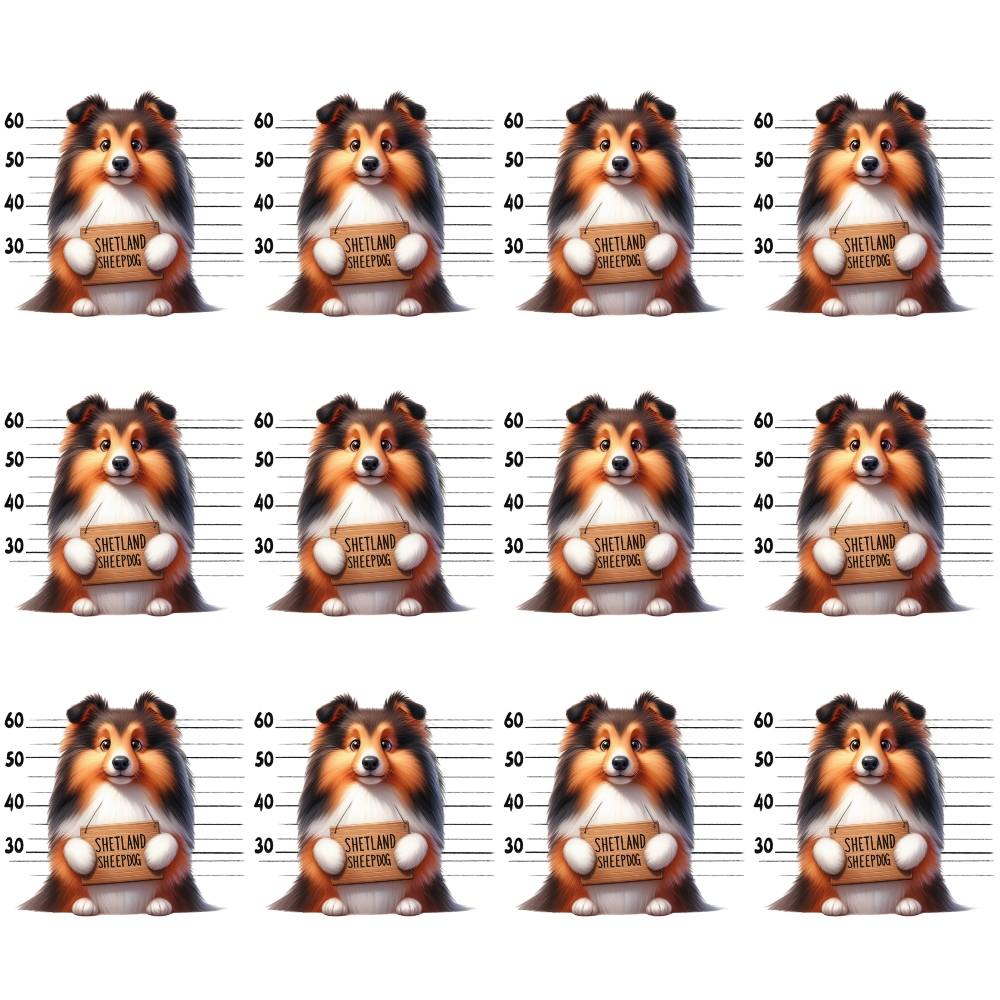 shetland sheepdog, mugshot lineup, police lineup, orange fur, white chest, black markings, brown eyes, measuring tape, height chart, repeating pattern,, fabric panel, dog breeds, playful design, humorous theme, cartoon style, pet motif, novelty print, crafting material, sewing fabric